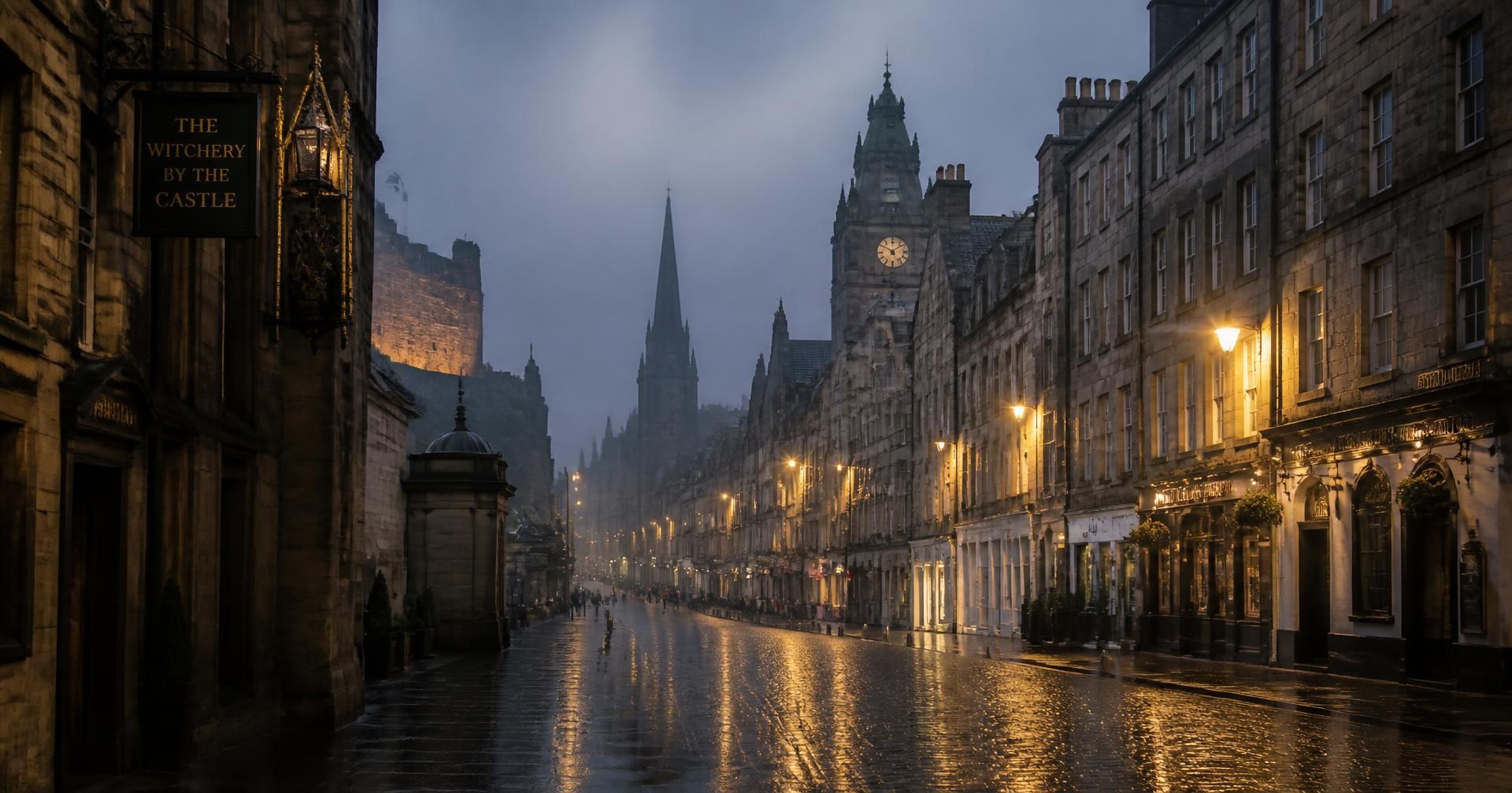 The Royal Mile in Edinburgh at dusk, lamplight reflected on wet cobblestones